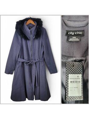 NEW City Chic Fleece Pea Coat Sz 16 Jacket Winter Peacoat Hooded Faux Fur Winter